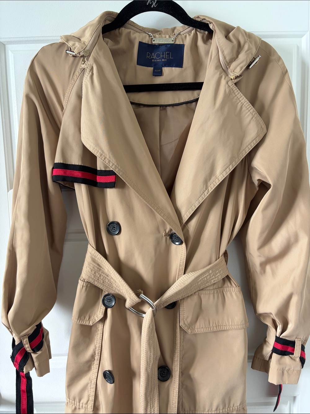RACHEL Rachel Roy Tan Trench Coat with Red & Black Stripe Trim